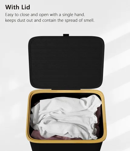 Vista 6 de SUOCO Cesta de lavandería con ruedas 100L, canasta de ropa con tapa y asas de bambú, cesta plegable para la ropa sucia para dormitorio, baño, Negro