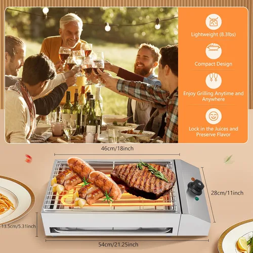 Vista 2 de Parrilla eléctrica de barbacoa para encimera, parrilla eléctrica comercial de 1800 W para exteriores con rango de temperatura ajustable, bandeja