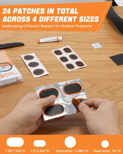 Vista 5 de Kit de reparación de neumáticos de bicicleta de 36 piezas, kit de parche de neumáticos de bicicleta premium, kit de reparación de neumáticos