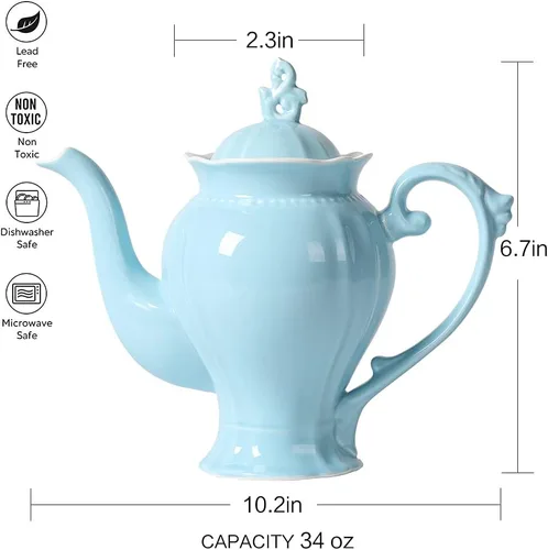 Vista 6 de Tetera inglesa de porcelana fina azul claro, cafetera estilo Victoria, peso ligero, 37 onzas