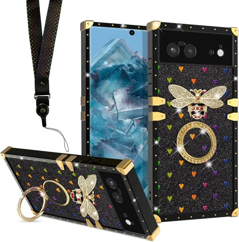 Vista 2 de nancheng for Google Pixel 6 Case for Girls Women Stylish Luxury Bees Design Case with Ring Stand Holder + Strap Lanyard Shockproof Protection Cover
