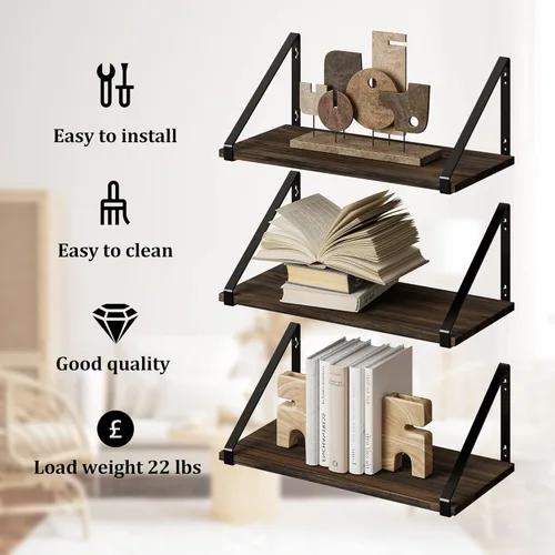 Vista 6 de BAMEOS Estantes flotantes de madera rústica, estantería pequeña para sala de estar, oficina, dormitorio, con soporte de metal
