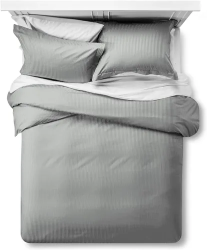 Vista 7 de Feather & Stitch - Juego de funda de edredón tamaño Queen de 500 hilos, diseño de rayas de damasco de 3 piezas, tamaño Full, funda de edredón 100%