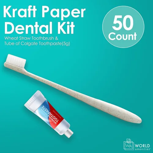 Vista 6 de World Amenities Kit dental de papel Kraft - Cepillo de dientes de paja de trigo y pasta de dientes Kit de cuidado dental (25)