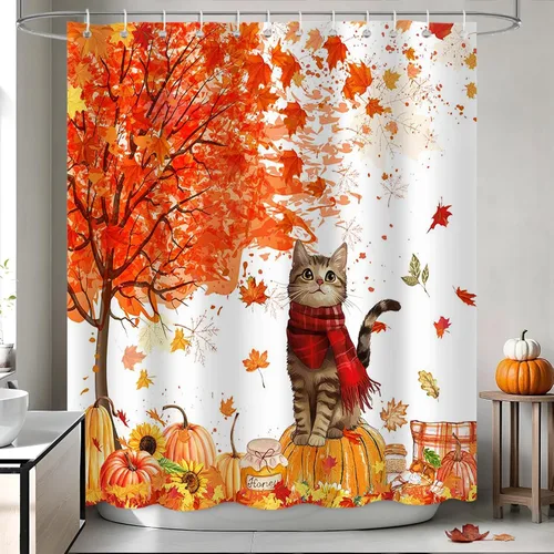 Vista 10 de APROPHIC Cortina de ducha de calabaza otoñal para baño, con tablones rústicos de árbol de arce, hojas de otoño, cortina de baño decorativa de 72 x