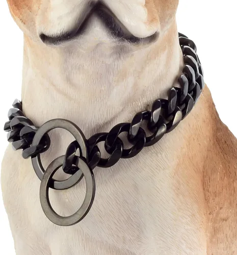 Vista 8 de Collar de cadena para perro, color negro, acero inoxidable pulido, eslabones cubanos fuertes, resistentes, a prueba de mordidas, collar de cadena