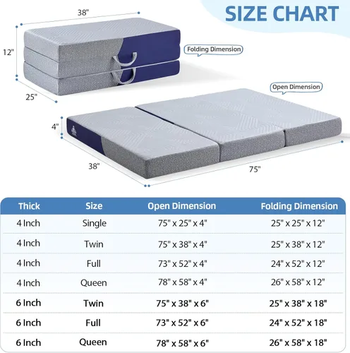 Vista 2 de Colchón plegable refrescante, colchón de espuma viscoelástica de 4 pulgadas con efecto transpirable en frío, colchón triple para cama Murphy, cama
