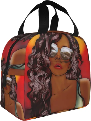 Vista 9 de Fiokroo Bolsa de almuerzo aislada con aislamiento para niñas afroamericanas, reutilizable, impermeable, bolsa de almuerzo para escuela, trabajo
