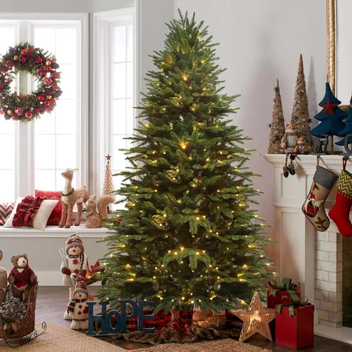 Árbol de Navidad preiluminado de 7.5 pies con luces, árbol de Navidad artificial de abeto con 350 LED multicolor, ramas con bisagras de fácil