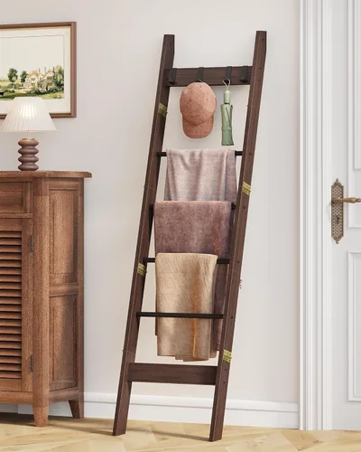 Vista 77 de Escalera para manta para sala de estar, estante decorativo para edredón con 4 ganchos extraíbles, 5 niveles de soporte de escalera de granja Blanco
