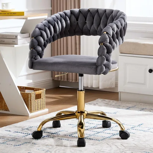 Vista 9 de NIOIIKIT Silla tejida para oficina en casa, silla giratoria de terciopelo Negro