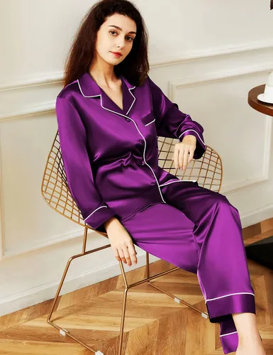 Vista 5 de ZKAIER Conjunto de pijama para mujer, de satén de seda, suave, de manga larga, con botones, conjunto de pijama de dos piezas