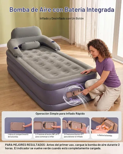 Vista 2 de A-ER-FA - Colchón de aire individual integrado de 20 pulgadas, colchón inflable elevado cómodo con cabecera y portavasos, cama de aire de inflado