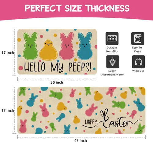 Vista 3 de Juego de 2 alfombras y tapetes de cocina de Pascua, diseño de primavera con texto en inglés «Hello My Peeps», diseño de conejito de pollito
