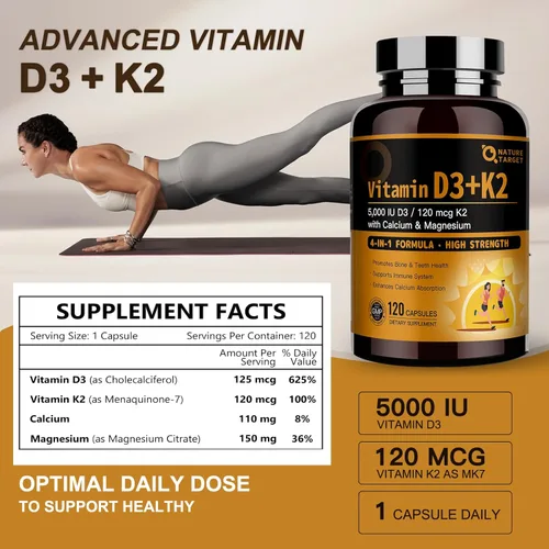 Vista 2 de NATURE TARGET Vitamina D3 K2 con calcio y magnesio – Fórmula 4 en 1 de fuerza máxima para apoyo óseo, corazón e inmunológico – Suministra 5000 UI