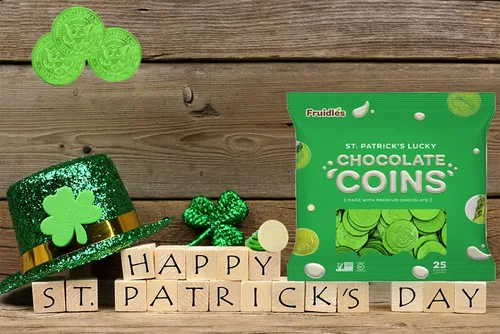 Vista 2 de Fruidles Monedas de chocolate con leche blanca del día de San Patricio, monedas verdes, moneda de chocolate con leche