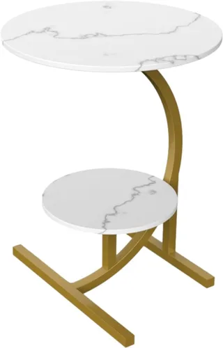 Vista 5 de Mesa auxiliar pequeña en forma de C con textura de mármol redonda de 2 capas, mesa auxiliar para sofá, mesita de noche para sala de estar, cocina