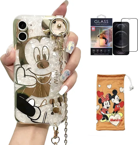 Vista 12 de Funda de dibujos animados para iPhone 15 Pro Max de 6.7 pulgadas con protector de pantalla HD, Mickey Mouse con correa para la muñeca, correa