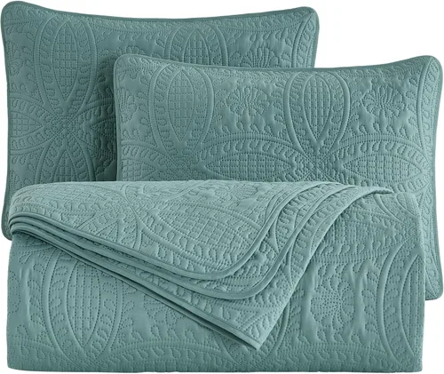 Vista 11 de Chezmoi Collection Austin - Juego de colcha tamaño matrimonial/doble, colcha de microfibra ligera acolchada Pinsonic de 3 piezas, color azul grisáceo