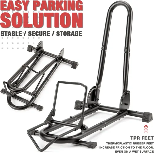 Vista 3 de Soporte de piso para bicicleta de interior, plegable, para garaje/hogar, almacenamiento de bicicletas, estante de estacionamiento para bicicletas