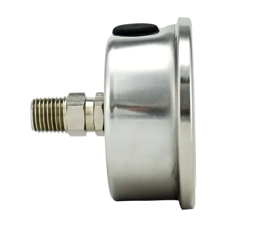Vista 2 de Manómetro de 1-1/2", caja de acero inoxidable, conexión de latón cromado, relleno de Lqiuid, vacío compuesto -30 Hg - 0-100 psi Montaje trasero 1/8
