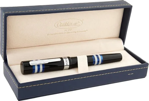 Vista 4 de Conklin Toledo - Pluma estilográfica en negro con segmentos de anillo azul y blanco, punta ancha, pluma estilográfica de resina de lujo