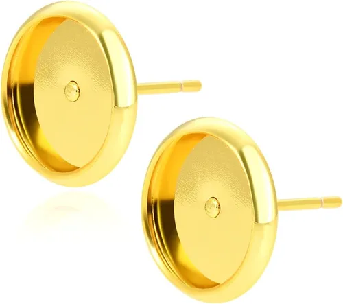 Adabele - 50 piezas de aretes de oro hipoalergénicos resistentes al deslustre, bandeja de bisel para 0.394 pulgadas, cabujón redondo, aretes tipo