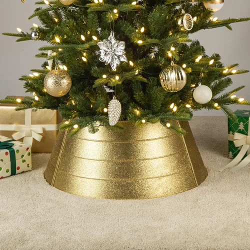 Vista 5 de Glitzhome Collar de árbol de Navidad, 25.75 pulgadas de profundidad, cubierta de base de árbol de metal dorado con purpurina, anillo de árbol
