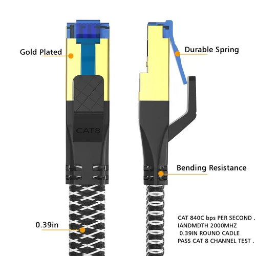Vista 4 de Cable Ethernet Cat 8 de 10 pies, cable de red LAN Cat8 de alta velocidad tejido de nailon para exteriores e interiores, cable Ethernet SFTP RJ45