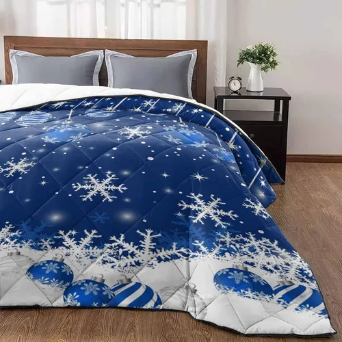 Vista 3 de T&H XHome Quilt Twin Size Luxury Quilted Comforter Bedspread-Thin Soft Cozy, Navy Blue Christmas Balls Winter Snowflake Reversible Stitched