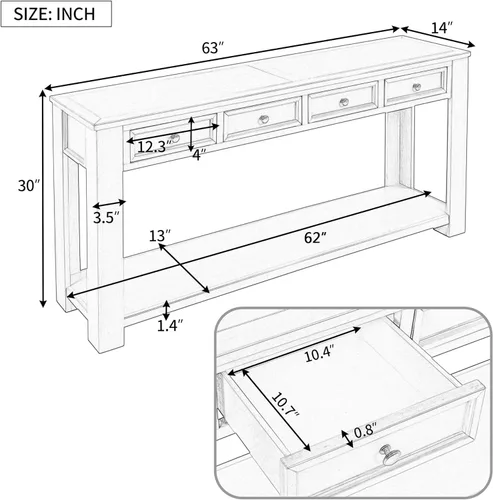Vista 2 de Merax Mesa consola de granja con 4 cajones de almacenamiento, mesa de entrada larga con estante abierto, mesa de sofá de 63 pulgadas detrás