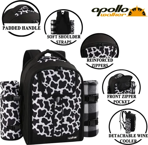 Vista 6 de apollo walker - Mochila para picnic para 2 personas con compartimento refrigerado, soporte desmontable para botella/vino, manta de forro polar