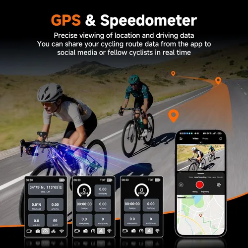 Vista 4 de SVBONY Cámara de bicicleta con pantalla inteligente, cámara de acción 4K60fps con rastreador GPS, velocímetro/odómetro, antivibración, luces
