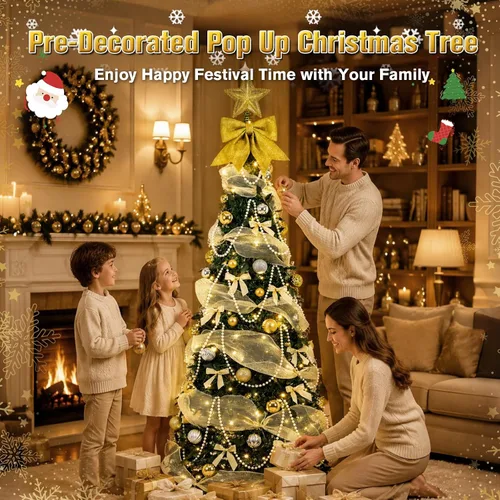 Vista 7 de Decoración de árbol de Navidad dorada preiluminada de 6 pies con Árbol artificial plegable con 150 luces LED cálidas, predecorado, fácil de montar