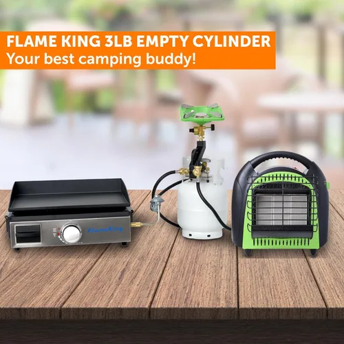 Vista 4 de Flame King 3LB - Cilindro de tanque de propano de acero vacío de 3 libras con manómetro y válvulas OPD para parrillas y barbacoas, camping, pesca