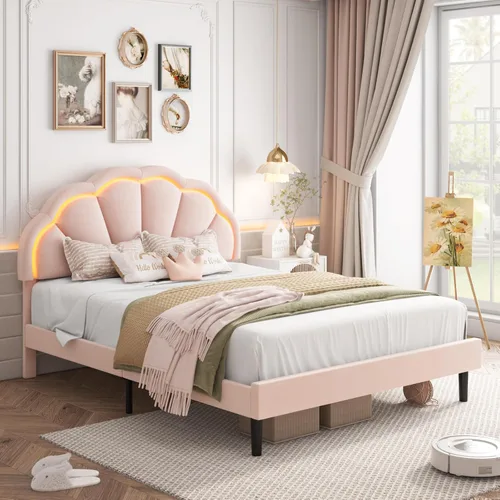Vista 12 de HIFIT Marco de cama LED inteligente tapizado completo con cabecera ajustable de pétalos elegantes, marcos de cama de plataforma