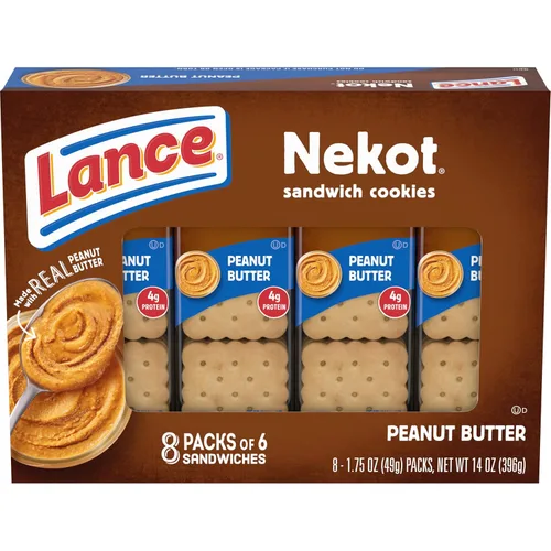Lance Galletas sándwich, mantequilla de maní Nekot, 8 paquetes envueltos individualmente, 6 sándwiches cada uno