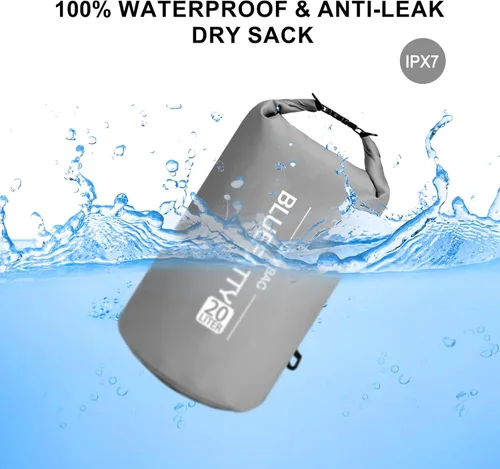 Vista 2 de Bolsa seca impermeable flotante Dry Sack Mochila seca enrollable para kayak, rafting, canotaje, SUP, pesca con funda impermeable IPX8, gris, 20L