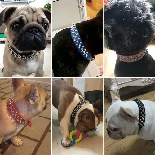 Vista 2 de Collar de perro con púas para perros pequeños, a prueba de masticación, collar de púas para perros y gatos, de piel sintética, con remaches