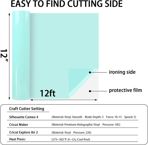 Vista 3 de AHIJOY Vinilo de transferencia de calor, vinilo HTV azul claro de 12 pulgadas x 12 pies, vinilo para planchar sobre vinilo para camisetas y prendas