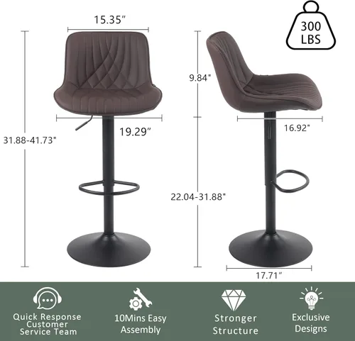 Vista 65 de YOUTASTE Juego de 2 taburetes de bar, taburetes de bar giratorios ajustables con respaldo, sillas de bar tapizadas de piel sintética gris con base