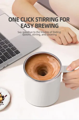 Vista 4 de Taza autoagitante, taza de café autoagitante, adecuada para café, leche, cacao y otras bebidas (Blanco)