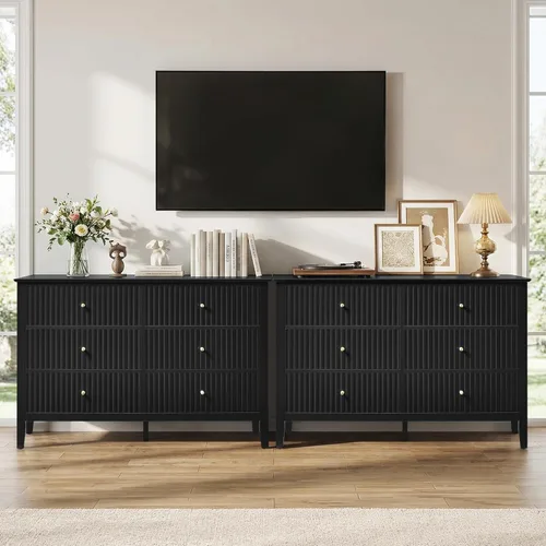 Vista 24 de RoyalCraft Cómoda de 6 cajones con espejo iluminado, cómoda de madera moderna acanalada beige, cómoda larga para almacenamiento en el dormitorio