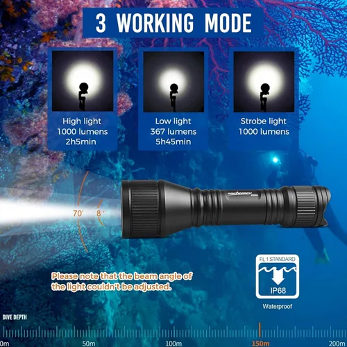 Vista 5 de ORCATORCH D550 Luz de buceo 1000 lúmenes linterna de buceo 3 modos IP68 impermeable luces subacuáticas buceo nocturno antorcha submarina con soporte