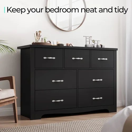 Vista 15 de LINSY HOME Cómoda de 5 cajones, cómoda negra para dormitorio, cómoda moderna con cajones anchos, cómoda de almacenamiento de madera para guardería