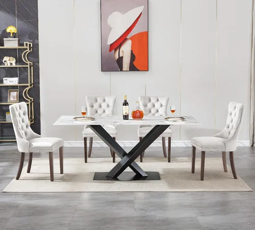 Vista 3 de Juego de mesa de comedor de mármol blanco para 4, 70 pulgadas, mesa de comedor de mármol blanco con 4 sillas de terciopelo beige y base de acero al
