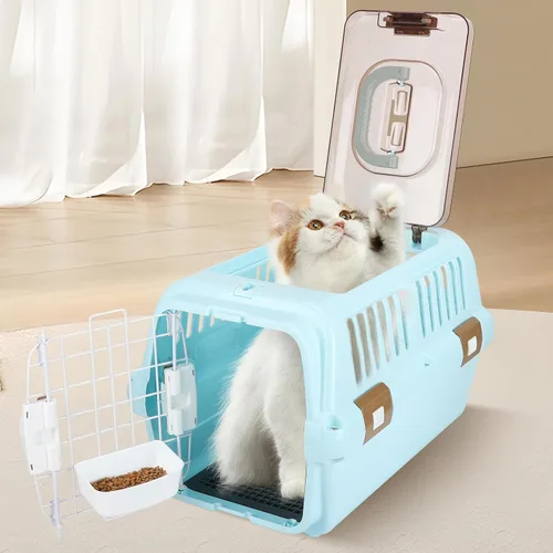Vista 3 de Perrera de plástico duro para perros y gatos, transportador de mascotas de dos puertas, puerta de alambre de plástico, carga superior o frontal