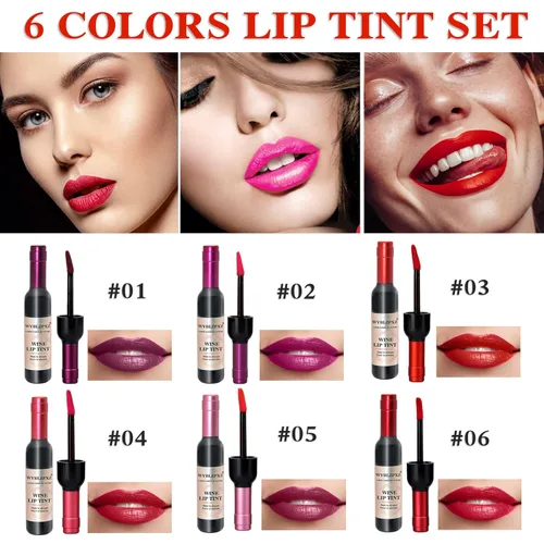Vista 2 de Tinte labial de vino de 6 colores, lápiz labial de vino líquido, tinte de labios, mate de larga duración, juego de brillo labial impermeable
