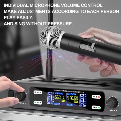 Vista 2 de Depusheng Sistema de micrófono inalámbrico, VHF fijo de doble frecuencia inalámbrico con 2 transmisores dinámicos de mano, juego de micrófono