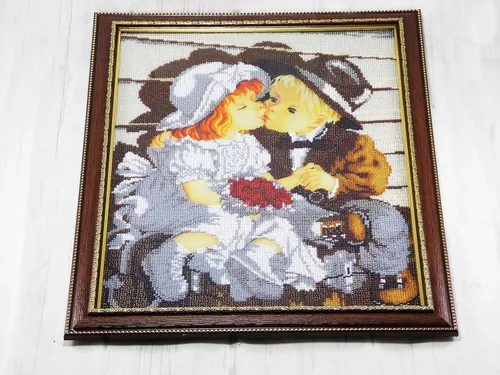 Vista 2 de Handmade Gift for Twins sister brother Bead embroidery wall decor seed stitch picture for nursery